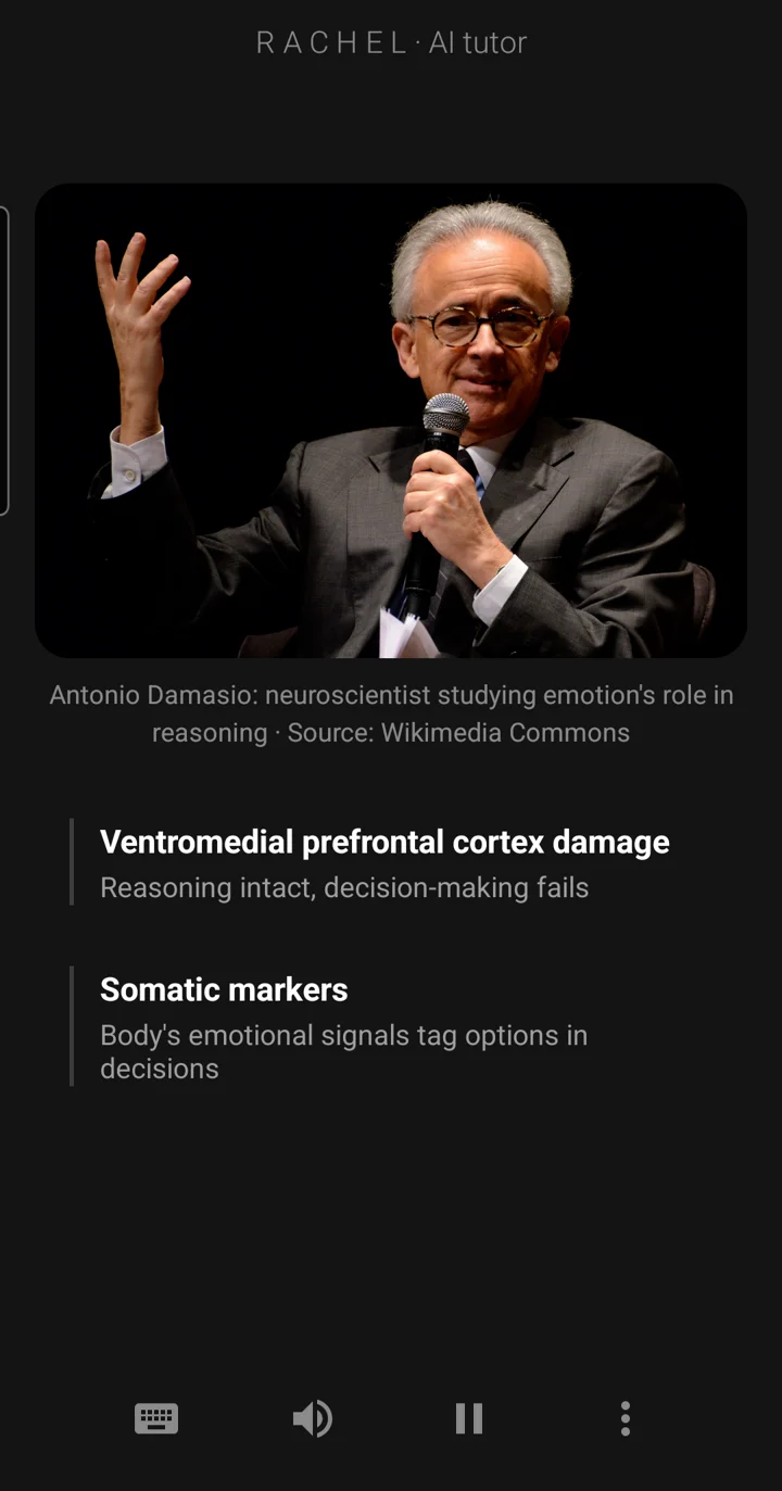 The Epivo app during an emotional intelligence lesson: the neuroscientist Antonio Damasio, and a board note reading: Somatic markers, body's emotional signals tag options in decisions