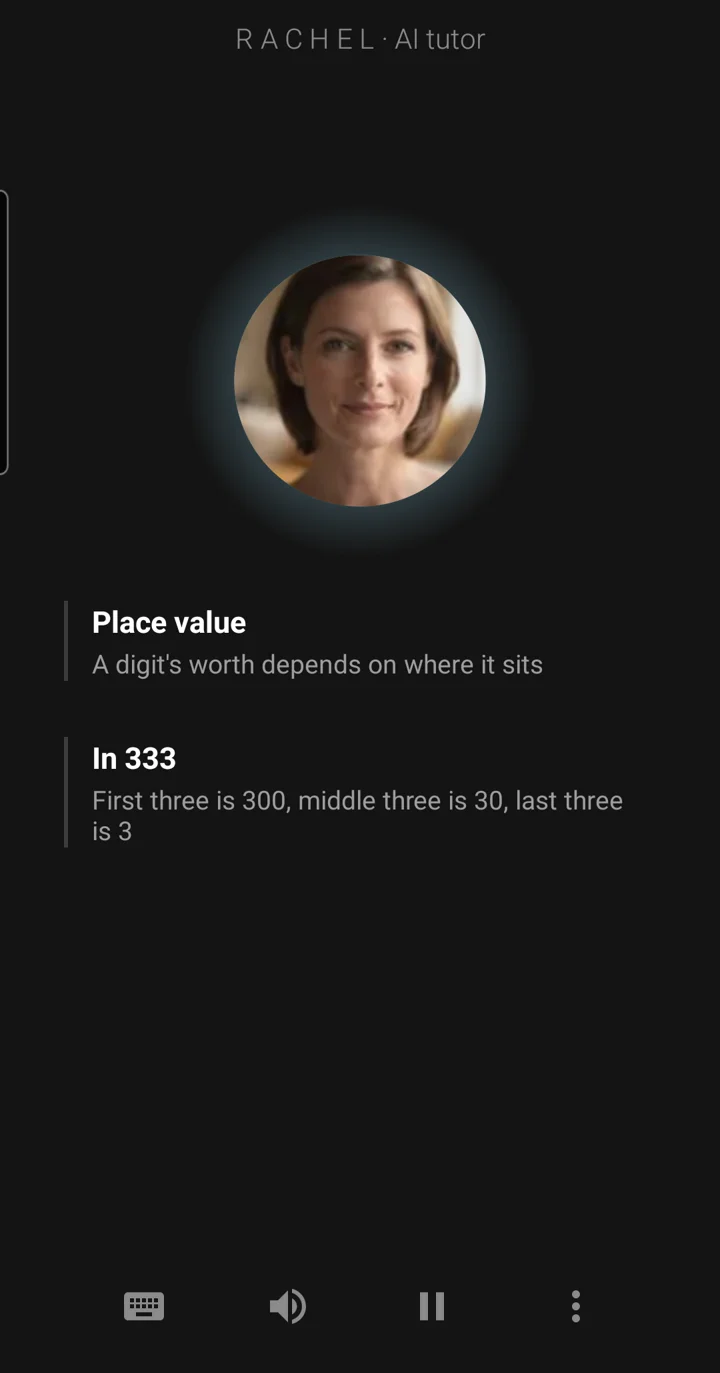The Epivo app during a maths lesson: the tutor Rachel's face, and a board note reading: Place value, a digit's worth depends on where it sits