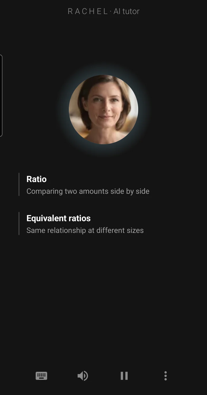 The Epivo app during a maths lesson: the tutor Rachel's face, and a board note reading: Equivalent ratios, same relationship at different sizes