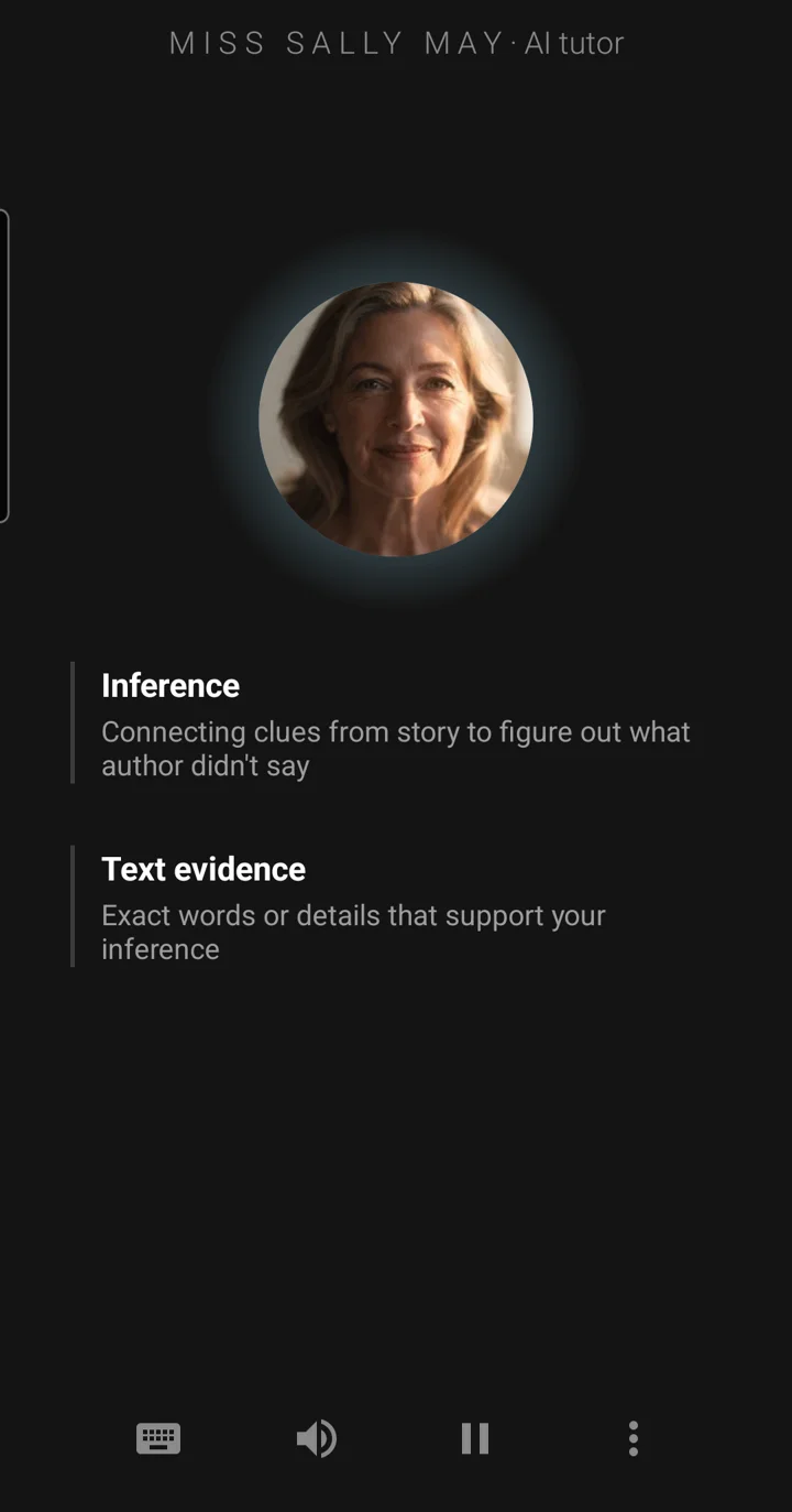 The Epivo app during a reading lesson: the tutor Miss Sally May's face, and board notes reading: Inference, connecting clues from story to figure out what author didn't say; Text evidence