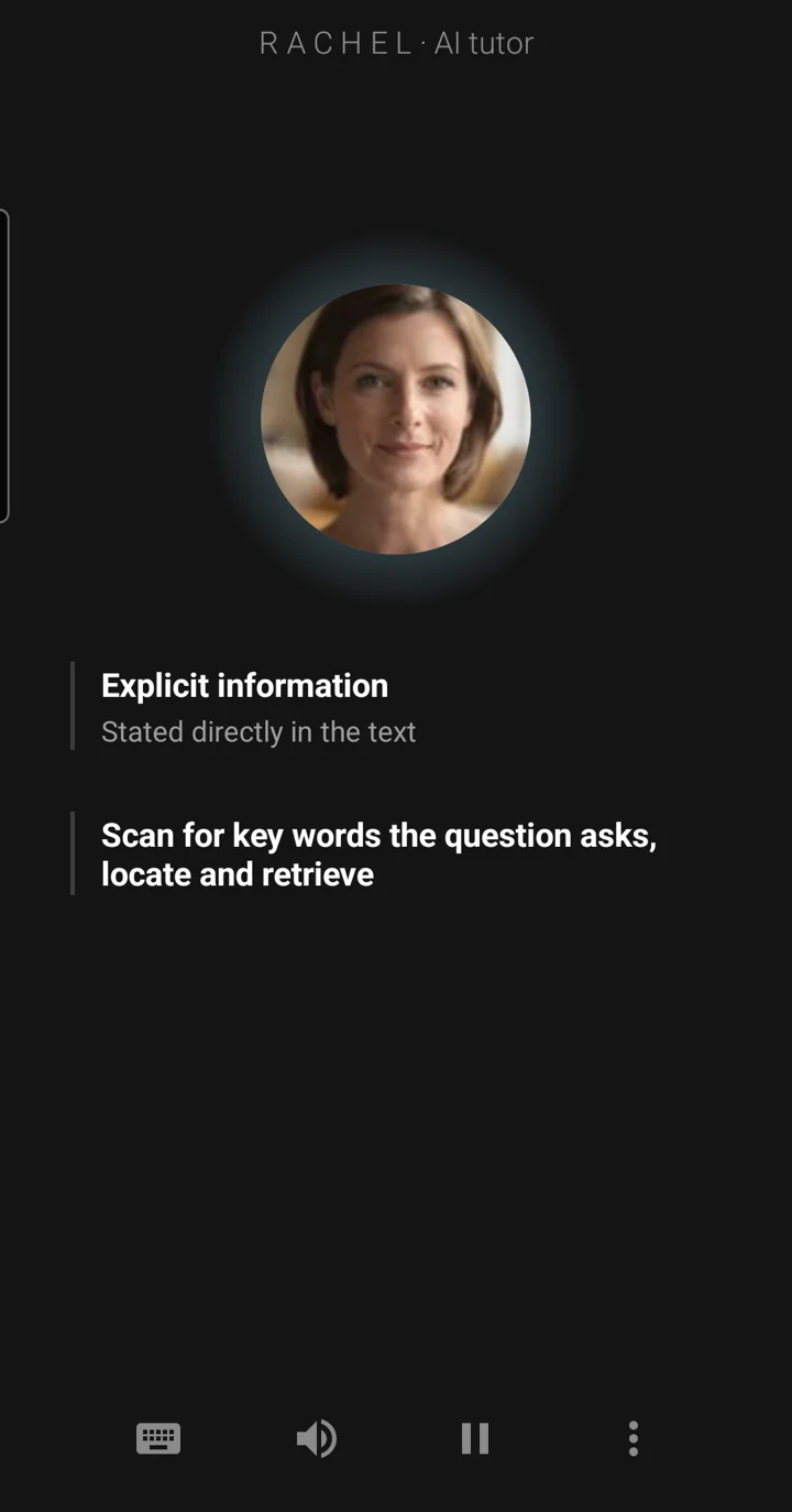 The Epivo app during an English lesson: the tutor Rachel's face, and a board note reading: Scan for key words the question asks, locate and retrieve
