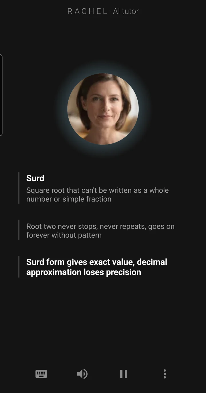 The Epivo app during a maths lesson: the tutor Rachel's face, and a board note reading: Surd, square root that can't be written as a whole number or simple fraction