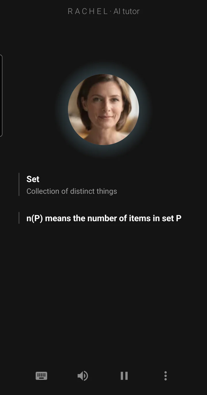 The Epivo app during a maths lesson: the tutor Rachel's face, and a board note reading: n(P) means the number of items in set P