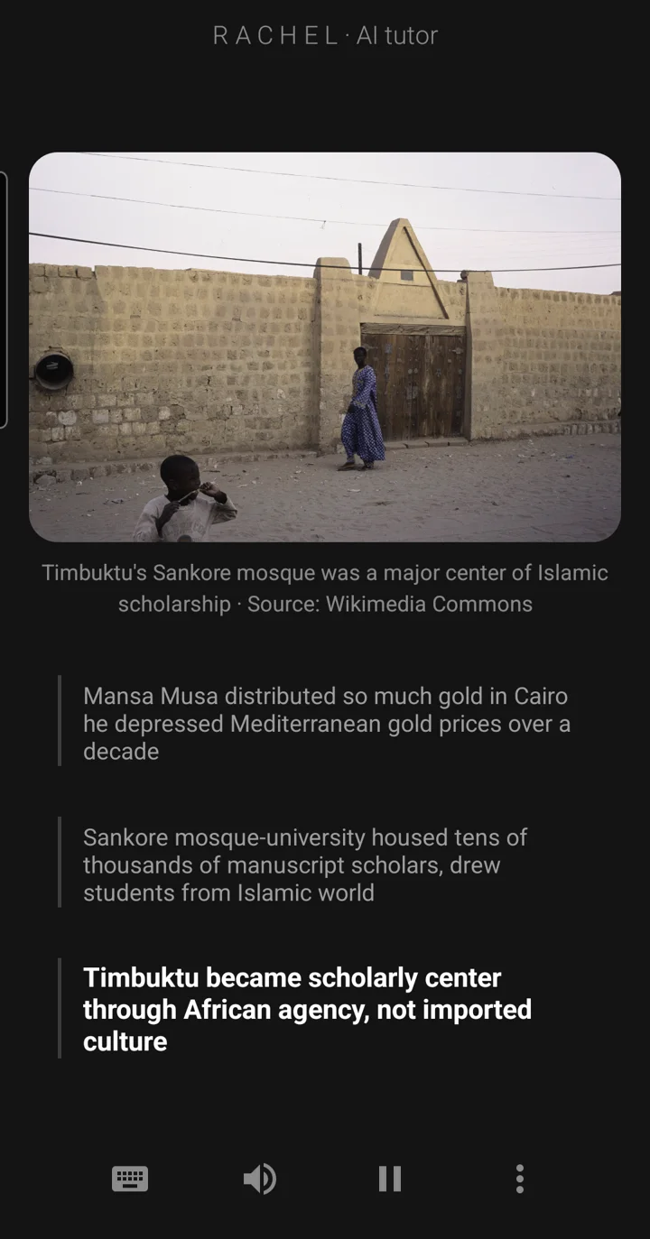 The Epivo app during a lesson on the era of imperialism: Timbuktu's Sankore mosque, and a board note reading: Timbuktu became scholarly center through African agency, not imported culture
