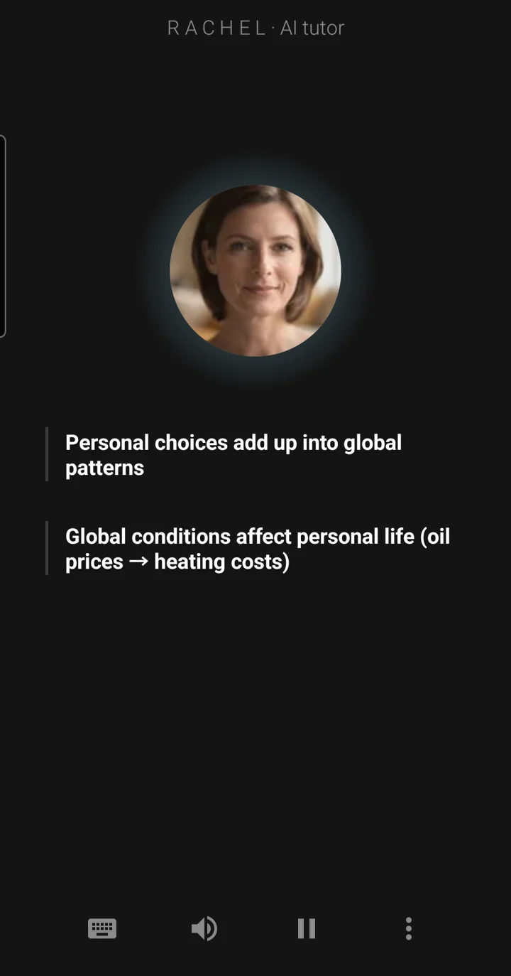 The Epivo app during a lesson: the tutor Rachel's face, and a board note reading: Personal choices add up into global patterns