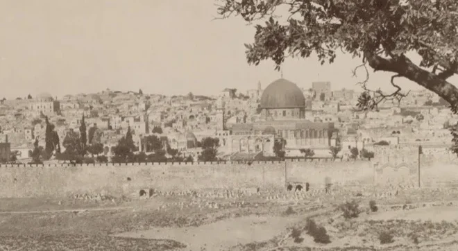 Jerusalem seen from the Mount of Olives in the late 19th century: the Old City walls and the Dome of the Rock framed by olive trees