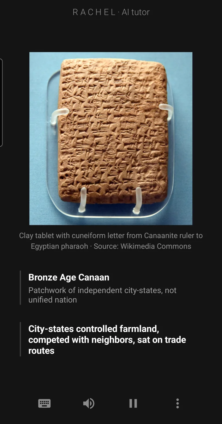 The Epivo app during a history of Palestine lesson: a clay tablet with a cuneiform letter, and a board note reading: Bronze Age Canaan, patchwork of independent city-states, not unified nation