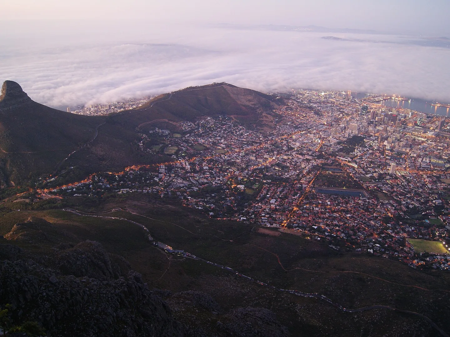 Lion's Head and the lights of Cape Town at dusk