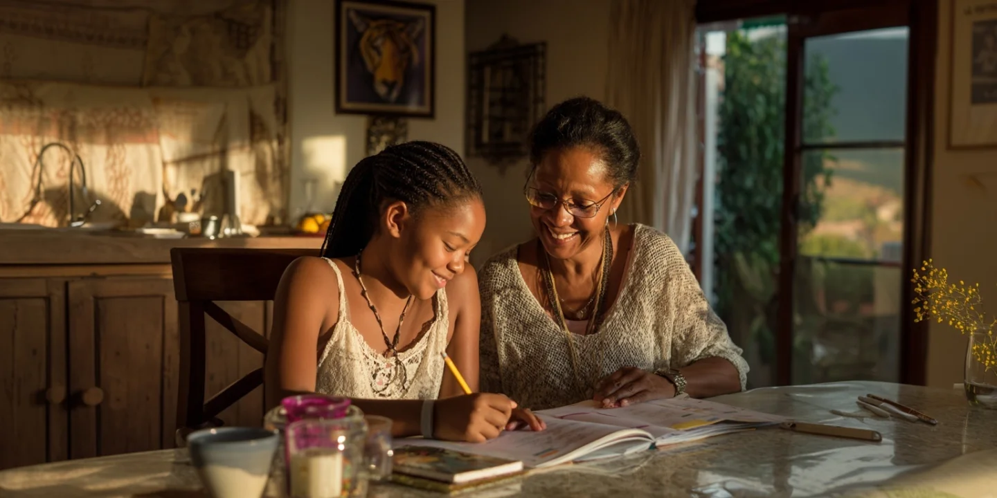 South African homeschooling family studying together at home