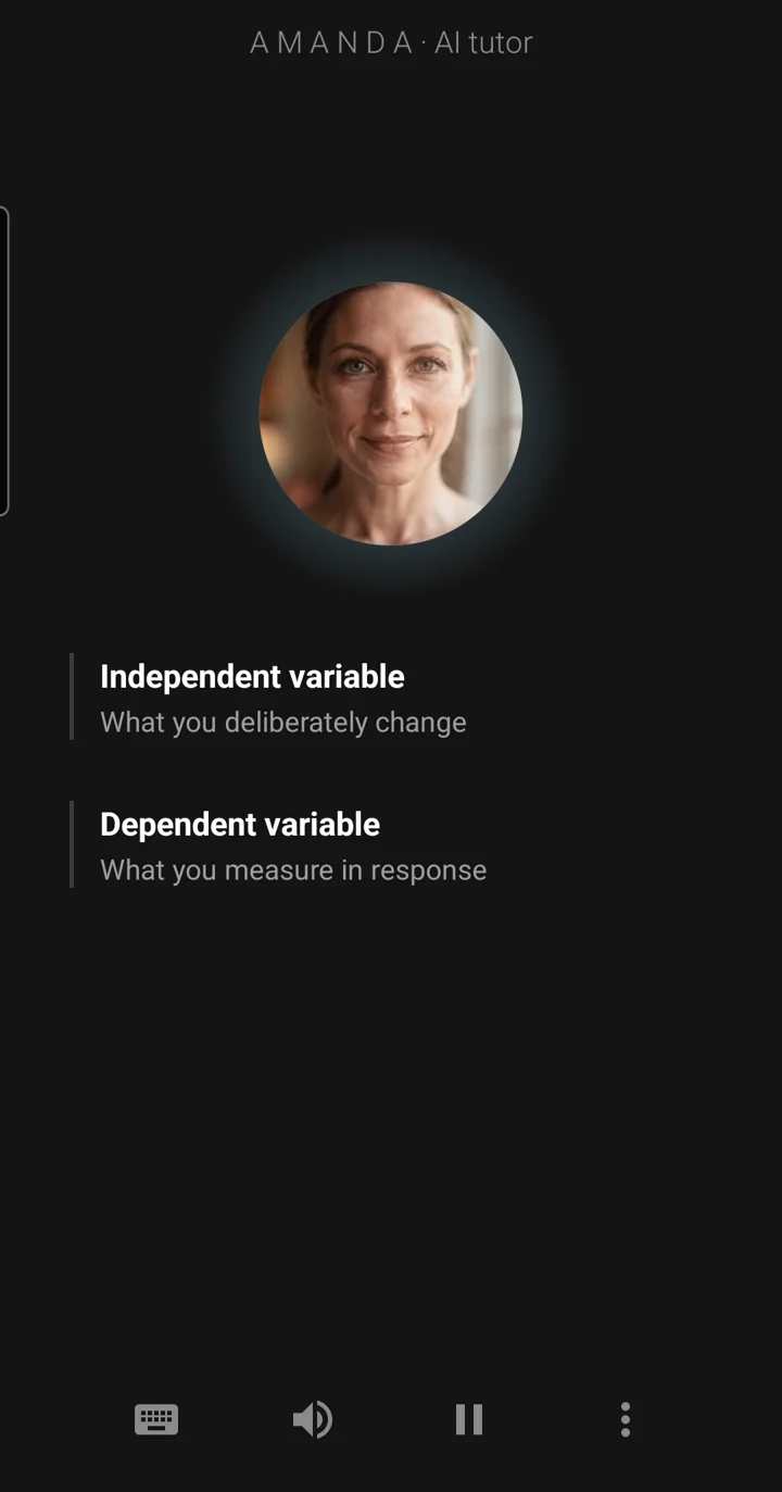 The Epivo app during a science lesson: the tutor Amanda's face, and board notes reading: Independent variable, what you deliberately change; Dependent variable, what you measure in response