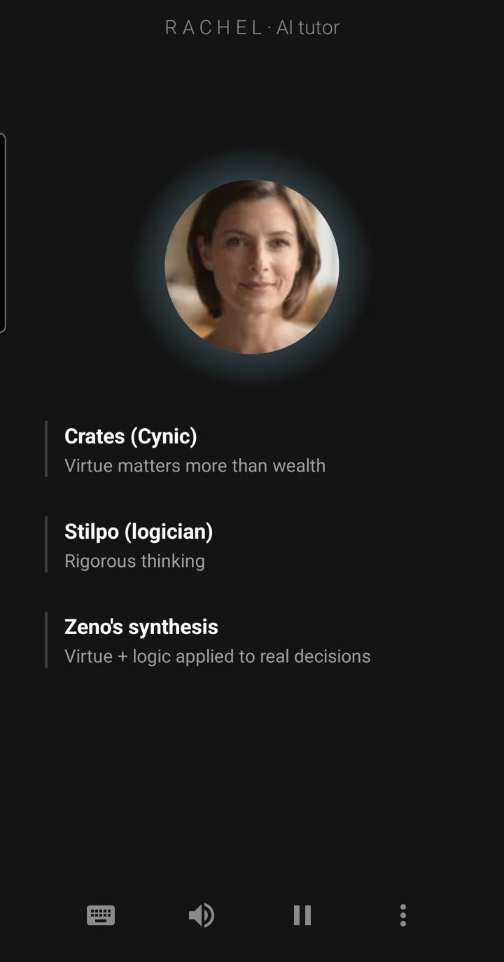 The Epivo app during a Stoicism lesson: the tutor Rachel's face, and a board note reading: Zeno's synthesis, virtue and logic applied to real decisions