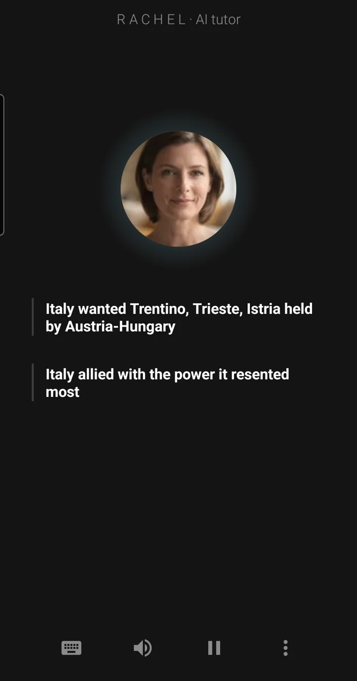 The Epivo app during a World War 1 lesson: the tutor Rachel's face, and a board note reading: Italy wanted Trentino, Trieste, Istria held by Austria-Hungary