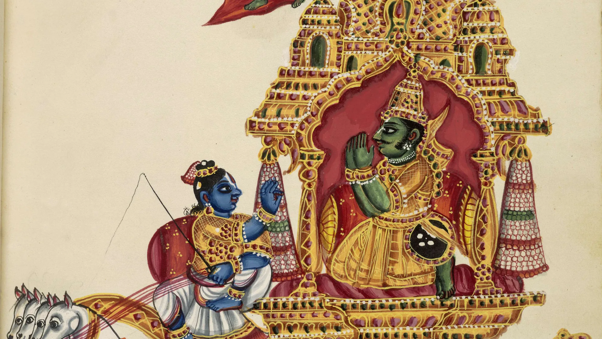 Krishna on a chariot instructing the warrior Arjuna